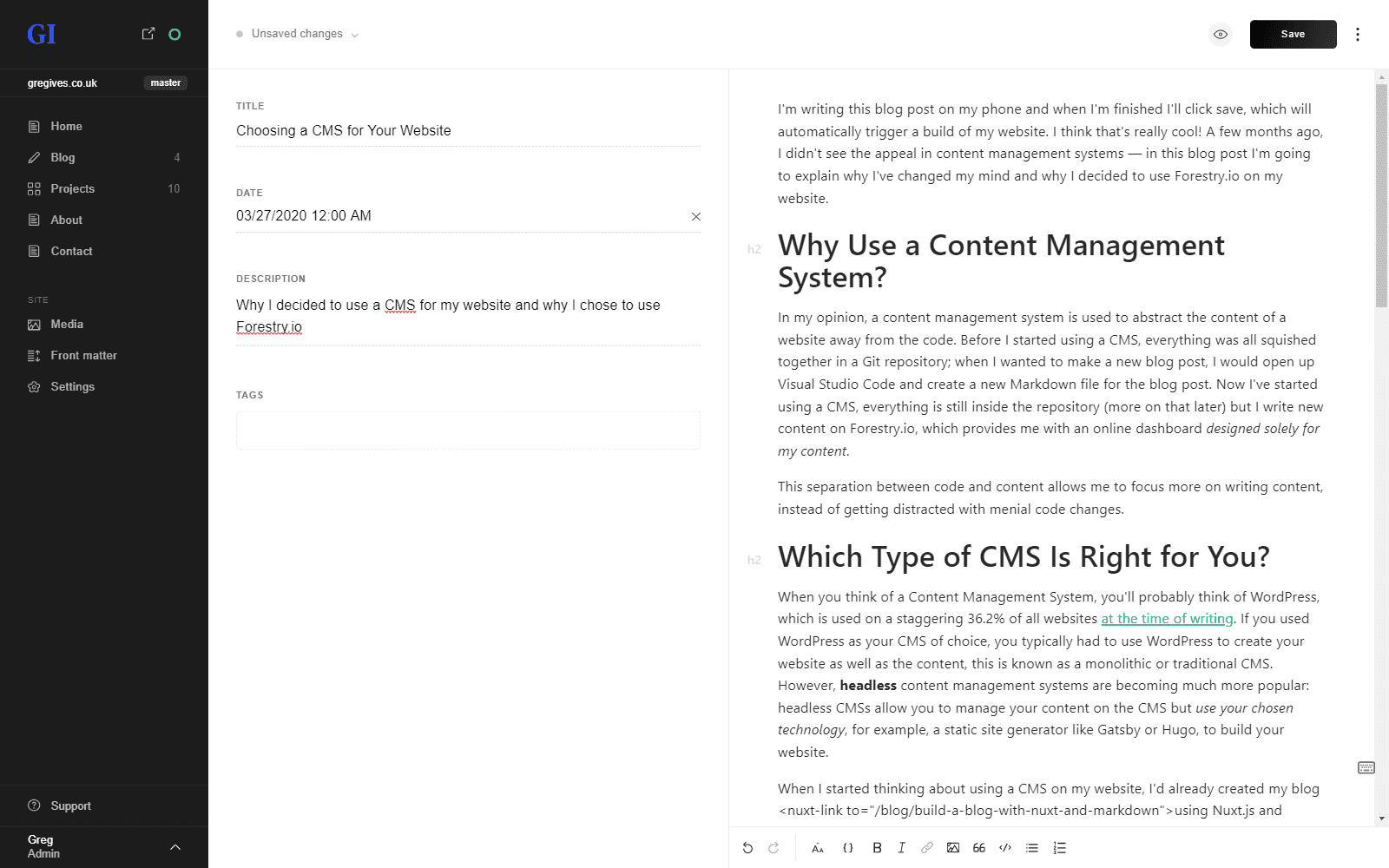 Screenshot of the Forestry.io editing panel and sidebar